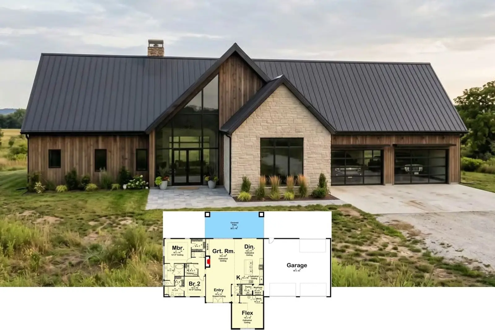 Casa barndominium modernă cu două dormitoare și spațiu flexibil