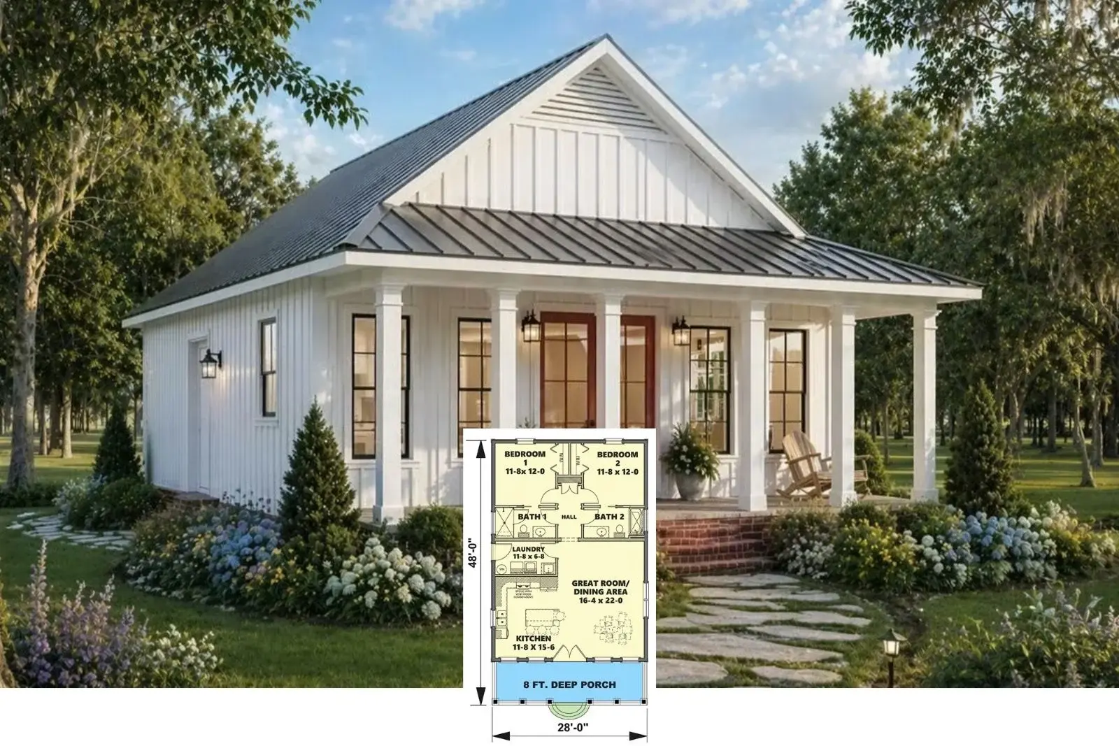 Cottage cu porțile de grădină: 2 dormitoare și verandă acoperită