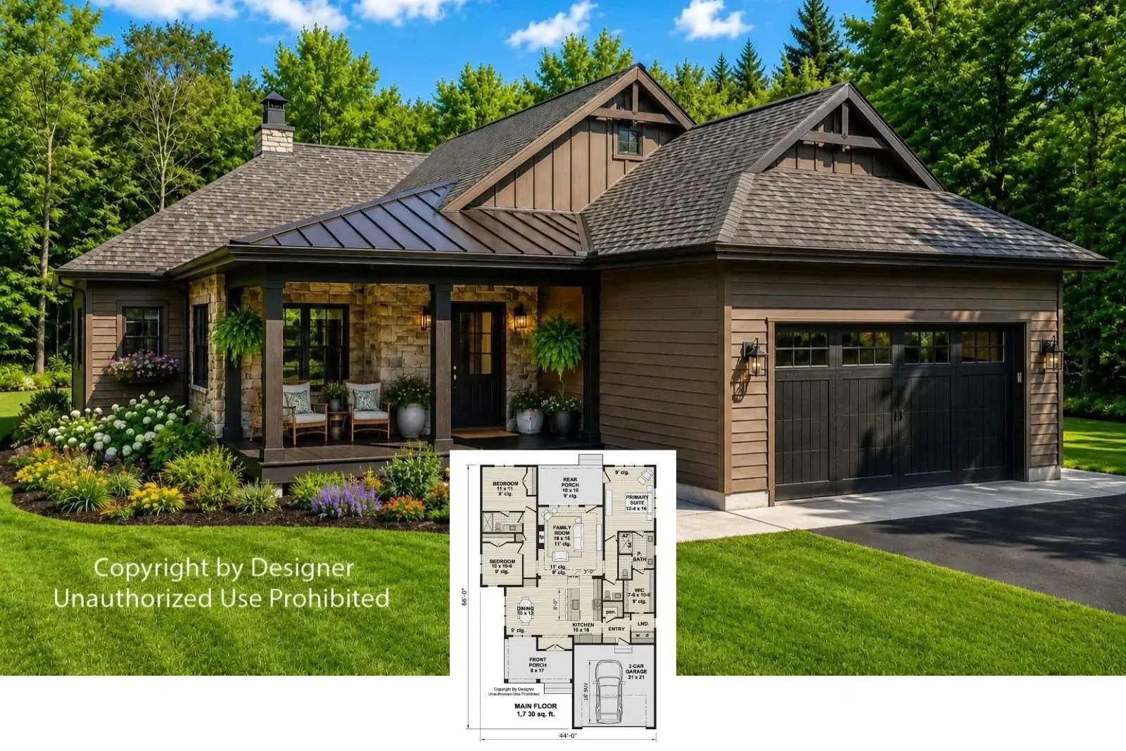 Plan de casă Craftsman cu 3 dormitoare și acoperis pentru patio